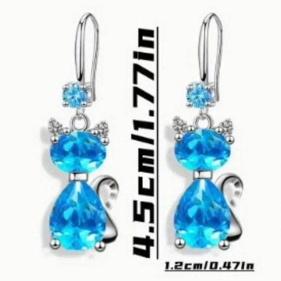 Chic Silver-Plated Blue Cat Earrings - Picture 2 of 4